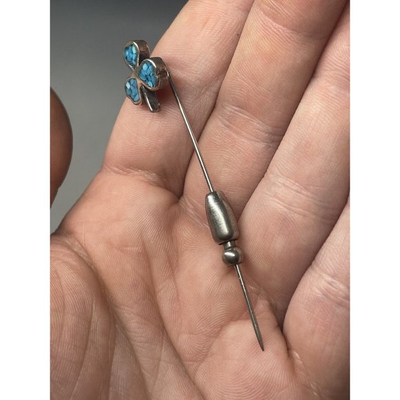 Vintage Shamrock Sterling Stick Pin Crushed Turquoise Mosaic Irish Clover Lapel - Picture 7 of 8